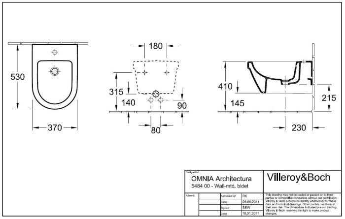 V&B Architektura bidet wiszący 54840001 rysunek techniczny
