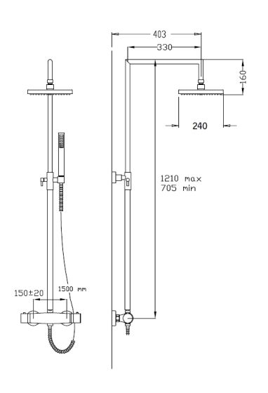 Rysunek techniczny kolumny prysznicowej z baterią termostatyczną Fromac 15450.