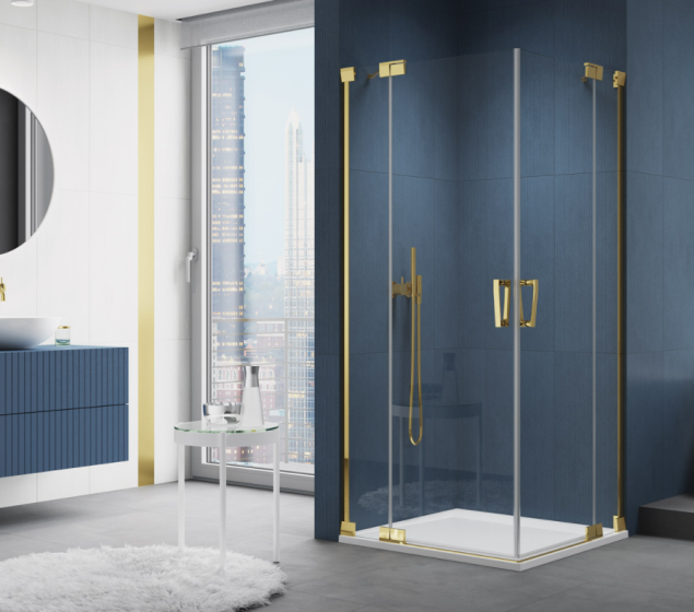 Ronal - Sanswiss Cadura 140 x 90 cm wejście narożne dwuczęściowe, drzwi wahadłowe z elementem stałym złote CA13G0901207 + CA13D1401207
