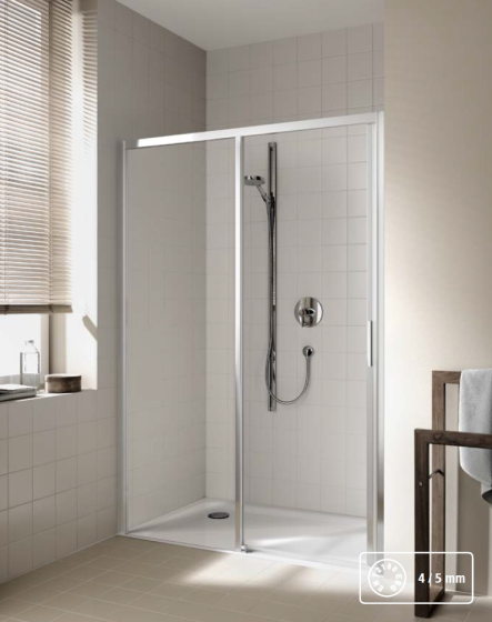 Kermi Cada XS Drzwi przesuwne bez progu 2-częściowe z polem stałym 155 cm srebro wysoki połysk, lewe CKD2L15520VPK