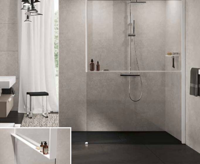 NOVELLINI KUADRA H System frame kit mocowany do ściany z półką na kosmetyki prawa inox R80KUFRI10DZ