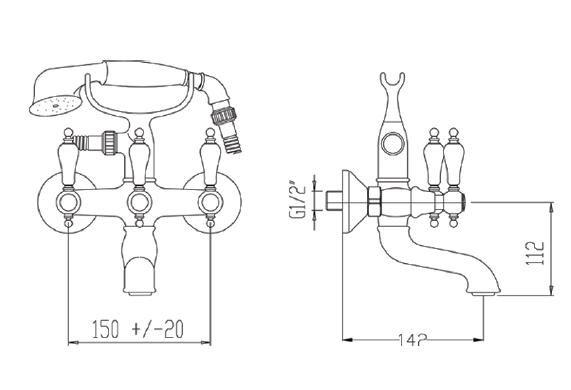 Rysunek techniczny baterii wannowej z prysznicem Etros 2105B firmy Fromac.