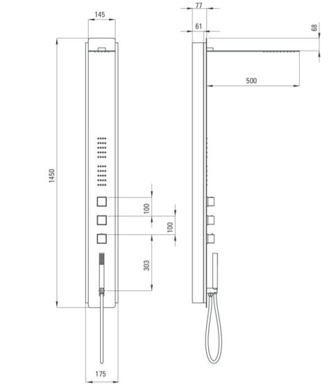 Deante Multibox  panel natryskowy podtynkowy 3-funkcyjny z termostatem NOO_051T rysunek techniczny