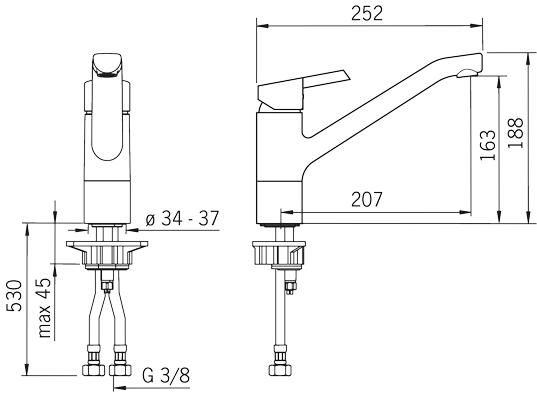 Rysunek techniczny baterii kuchennej Nordia 2320F firmy Oras.