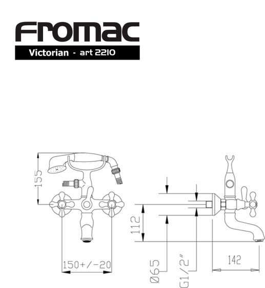 Rysunek techniczny baterii wannowej z prysznicem Victorian 2210V firmy Fromac.
