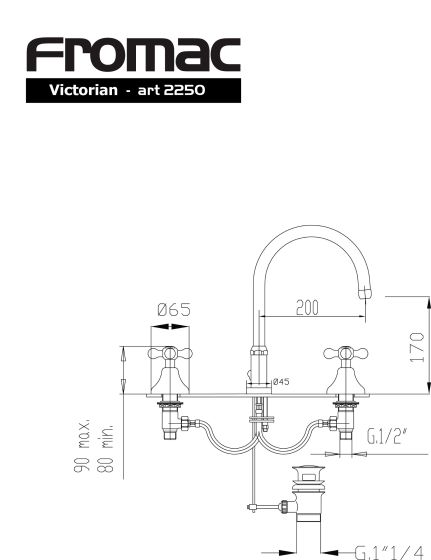 Rysunek techniczny baterii umywalkowej, 3-otworowej, Victorian 2250VB firmy Fromac.