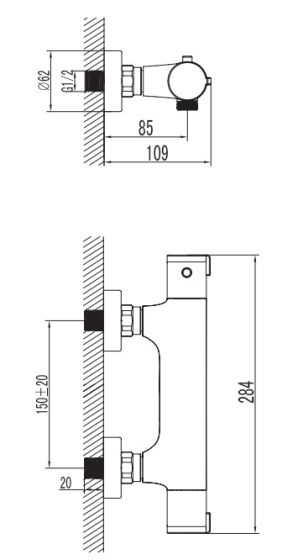 Rysunek techniczny baterii termostatycznej, prysznicowej, Term TER-BPKT.030C firmy Art Platino.