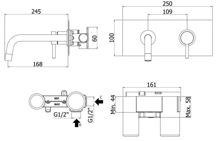 Paffoni Stick Bateria umywalkowa podtynkowa z wylewką 245 mm SK103CR - rysunek techniczny, wymiary