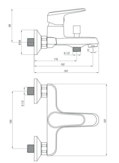 Deante Avis bateria wannowa solo BGV_010M rysunek techniczny