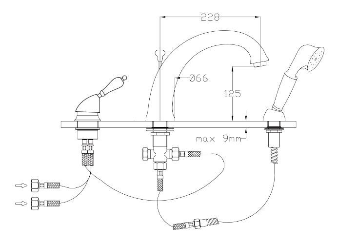 Rysunek techniczny baterii wannowej, 3-otworowej, Vara 3805BR  firmy Fromac.