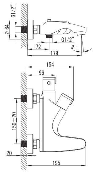 Rysunek techniczny baterii wannowej, termostatycznej Term TER-BWNT.020C firmy Art Platino.