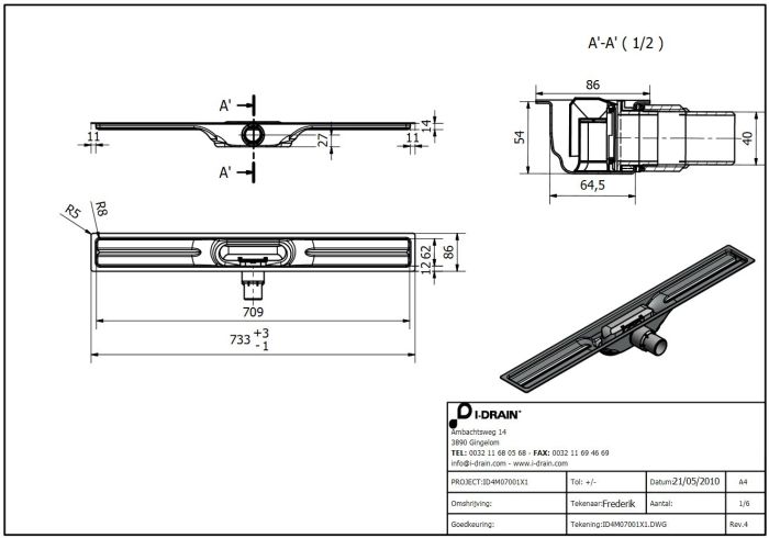 Rysunek techniczny odpływu liniowego Linear ABS IDABS4M07001Y1 firmy I-drain.