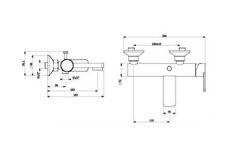 Rysunek techniczny baterii wannowej z prysznicem Glam 700149 firmy Armando Vicario.