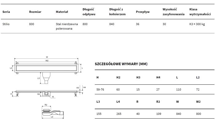 Excellent Stilio Odpływ łazienkowy liniowy 80 cm z rusztem dekoracyjnym INEX.1515.800.R.SNP rysunek techniczny
