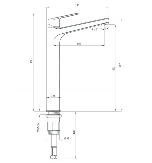 Deante Jasmin Eco bateria umywalkowa wysoka korkiem click-clack  BGJE021K rysunek techniczny