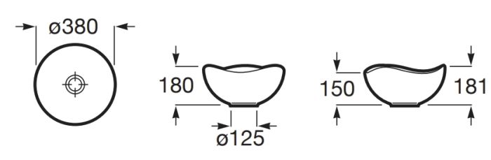 Roca Ohtake Umywalka nablatowa cienkościenna FINECERAMIC® A327A15620 rysunek techniczny