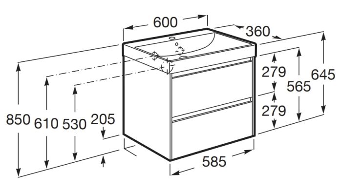 Roca Ona Zestaw łazienkowy UNIK Compacto z 2 szufladami A85168451 rysunek techniczny