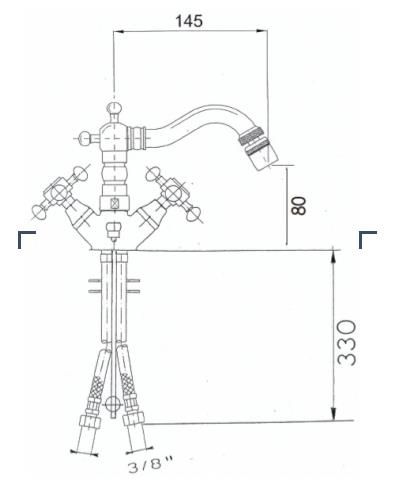 Rysunek techniczny baterii bidetowej Atea R338B firmy Reitano.