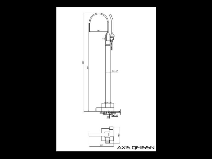 Rysunek techniczny baterii wannowej, wolnostojącej z prysznicem, Axis QF1165N firmy Kohlman.