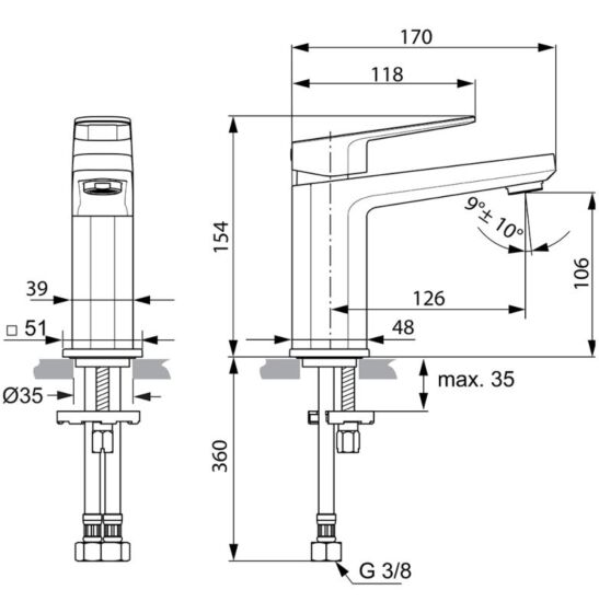 Rysunek techniczny - Ideal Standard Tonic II bateria umywalkowa z korkiem A6327AA