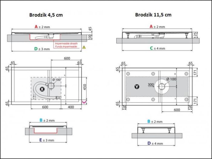 Rysunek techniczny brodzika Olympic Plus OL1507011-28 firmy Novellini o wysokości 12,5 cm, z podłączonym odpływem.