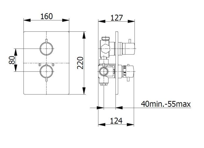 Giullini Giovani zestaw natryskowy podtynkowy z termostatem - deszczownia 20 cm 82ZES20/CZAR rysunek techniczny, wymiary baterii podtynkowej