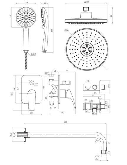 Deante Avis chrom komplet podtynkowy  NAC_09KP rysunek techniczny