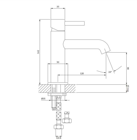 Omnires Y Bateria umywalkowa miedź Y1210NCP rysunek techniczny