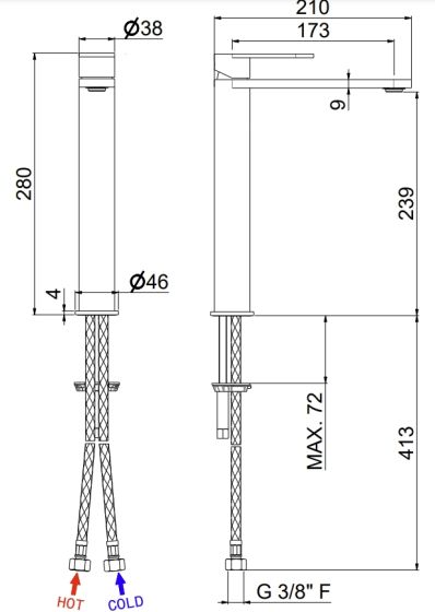 Vema Ayas Steel bateria umywalkowa wysoka bez korka V28021 rysunek techniczny