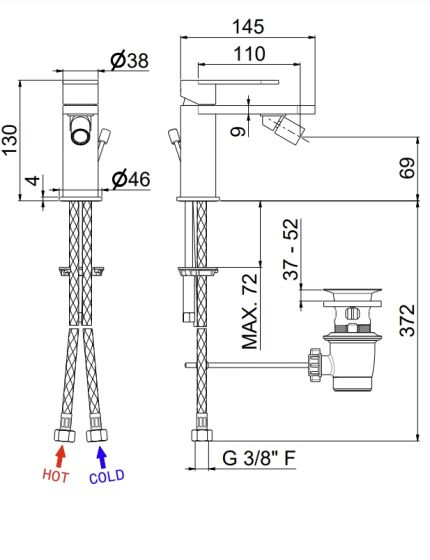 Vema Ayas Steel bateria bidetowa z korkiem automatycznym V28070 rysunek techniczny