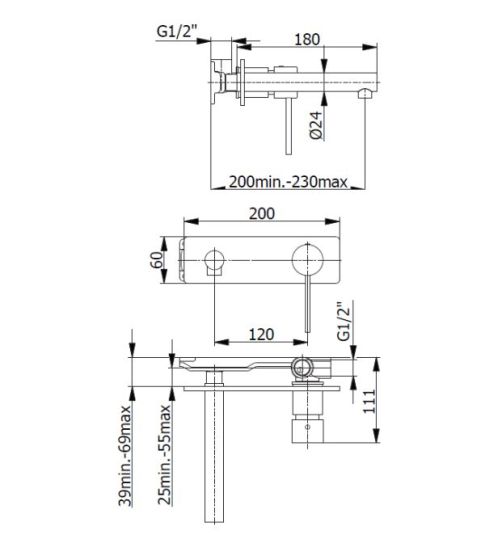 Demm Spike bateria umywalkowa podtynkowa 6818 chrom rysunek techniczny