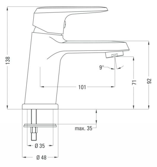 Deante Avis bateria umywalkowa z korkiem click-clack BGV_021M rysunek techniczny