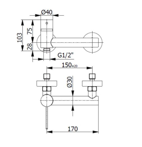 Demm Spike bateria natryskowa ścienna 6830 rysunek techniczny