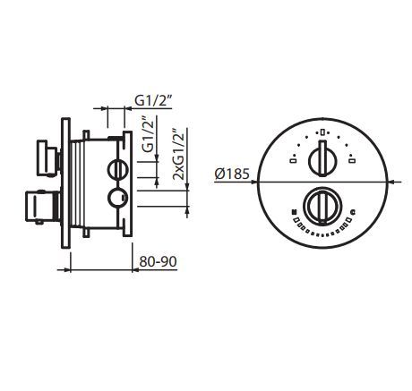 Vedo bateria termostatyczna podtynkowa 2 wyjścia 6773-2 rysunek techniczny, wymiary