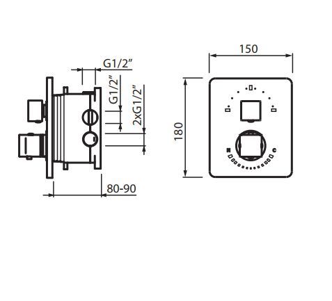 Vedo bateria termostatyczna podtynkowa 2 wyjścia Quadro 6771-2 rysunek techniczny