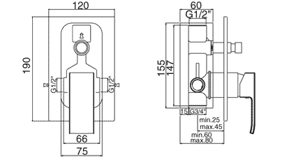 Paffoni Level bateria wannowo-natryskowa podtynkowa LEA015CR rysunek techniczny