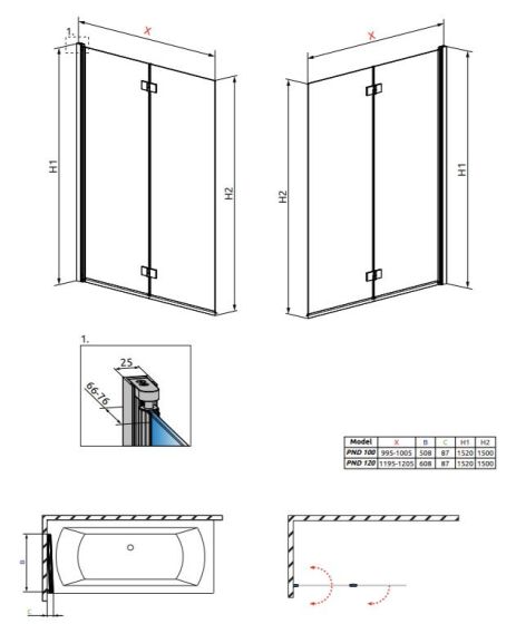 Rysunek techniczny parawanu Essenza New PND firmy Radaway.