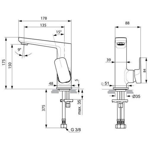 Rysunek techniczny - Ideal Standard Tonic II bateria umywalkowa podwyższona bez korka A6333AA 