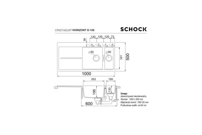 Schock Horizont D-150 zlewozmywak rysunek techniczny