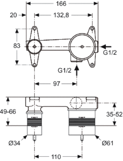 Rysunek techniczny Ideal Standard elemet podtynkowy do baterii umywalkowej A5948NU