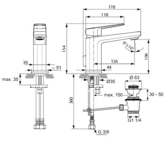 Ideal Standard Tonic II bateria umywalkowa z korkiem A6326AA rysunek techniczny