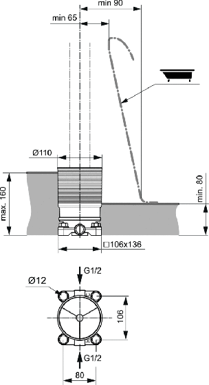 Rysunek techniczny Ideal Standard element podtynkowy do baterii wannowej A6133NU