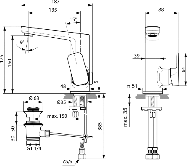 Rysunek techniczny - Ideal Standard Tonic II bateria umywalkowa podwyższona z korkiem A6332AA 
