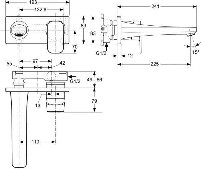Rysunek techniczny Ideal Standard Tonic II bateria umywalkowa podtynkowa A335AA