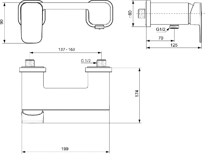 Rysunek techniczny Ideal Standard Tonic II bateria natryskowa ścienna A6337AA