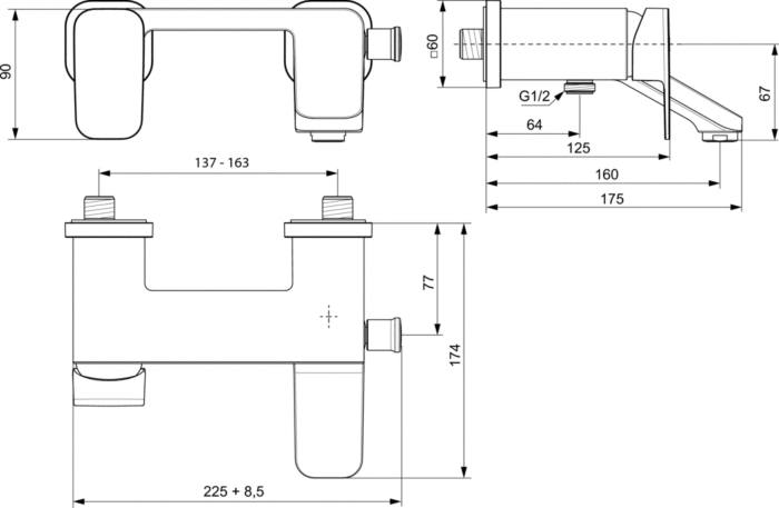 Rysunek techniczny Ideal Standard Tonic II bateria wannowa ścienna A6338AA