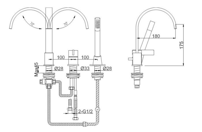 Rysunek techniczny baterii wannowej z prysznicem , 3-otworowej, Dexame QB241D firmy Kohlman.