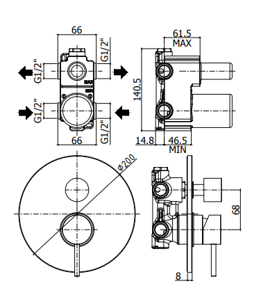 Paffoni Light Bateria natryskowo-wannowa podtynkowa czarny mat LIG019NO rysunek techniczny