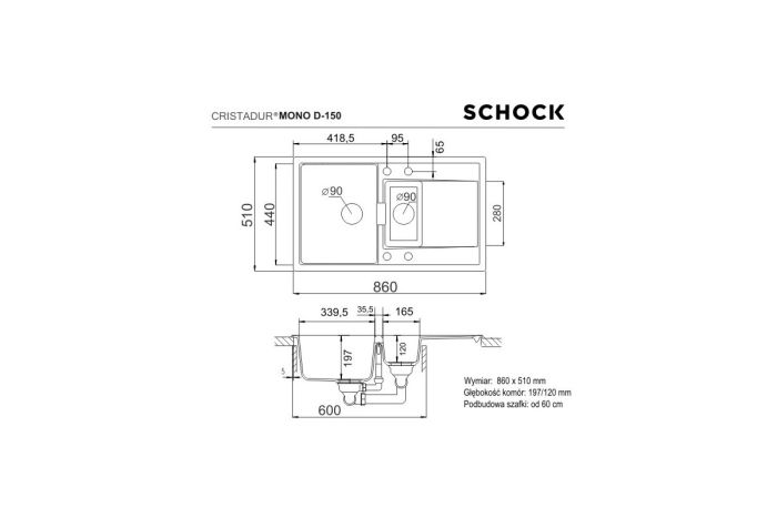 Schock Mono D-150 zlewozmywak rysunek techniczny