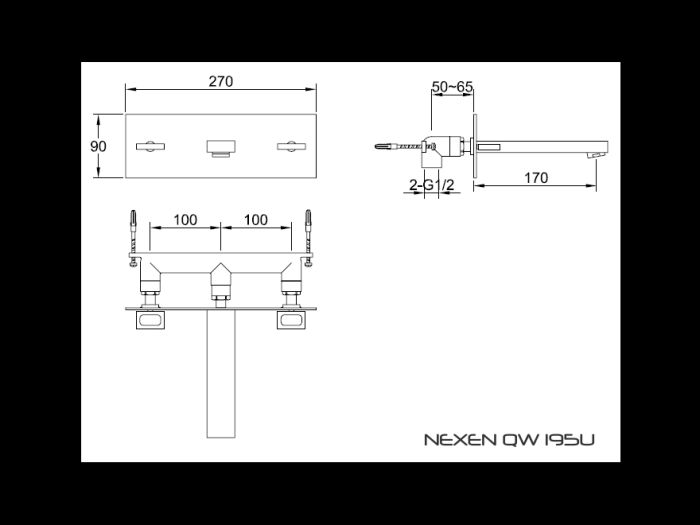 Rysunek techniczny ściennej baterii umywalkowej, Nexen QW195U firmy Kohlman.